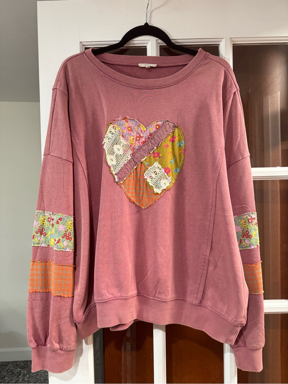 New Easel Dusty Rose Patchwork Heart Sweatshirt